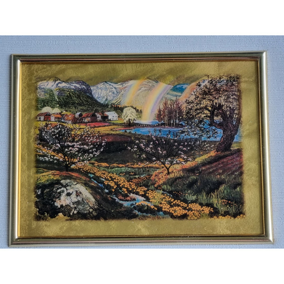 Nikolai Astrup Soleier og regnbue, repro med bruk av 23K løv gull, ca 30 x 27 cm