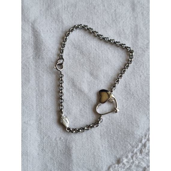 Armbånd sølv farget, med hjertedekor, hjertesmykke, ca 18 cm