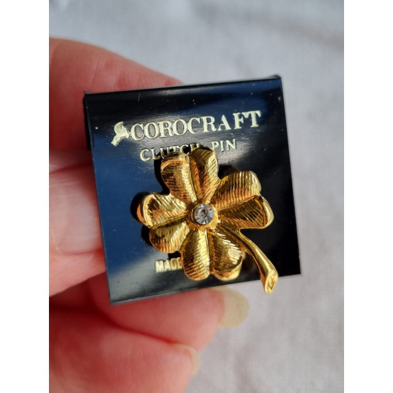 Ubrukt vintage Corocraft clutch pin, liten smykke brosje, pin, forgylt blomst m sten