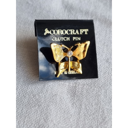 Ubrukt vintage Corocraft clutch pin, liten smykke brosje, forgylt sommerfugl med sten