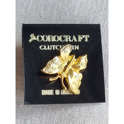 Ubrukt vintage Corocraft clutch pin, liten smykke brosje, pin, forgylt sommerfugl med detaljer i vingene