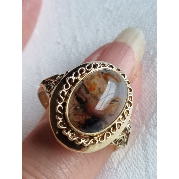 Vintage ring i 585 gult gull, strl 60, med flott cabochonslipt moseagat, 4,94 gram