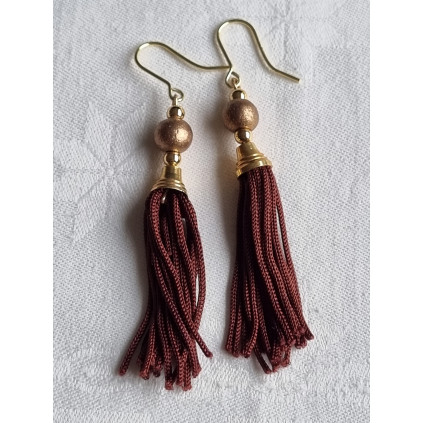 Flott par sølv øredobber, heng med dusker, gyllen kobber kuler