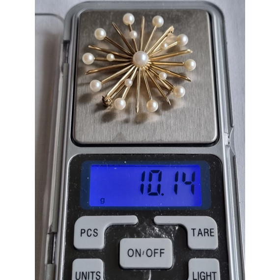 Sonja nålen i 585 gult gull, med perler, original anheng og brosje