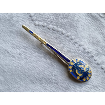 Nydelig antikk sølv emalje nål, brosje. Viktoriansk modell, blå og gul
