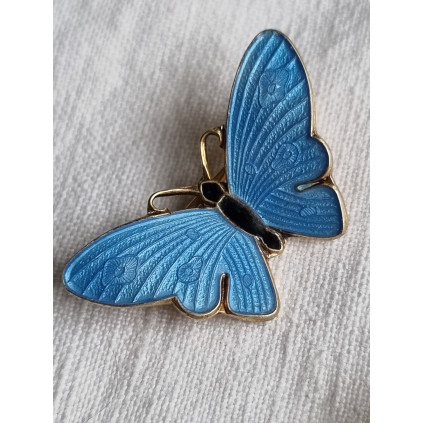 Vakker liten blå sølv emalje sommerfugl med detaljer, fra Thune