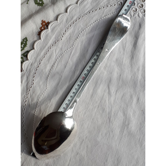 Snart antikk gedigen sølvskje, grøtskje fra Cohr 1926, ca 37 cm lang, ca 137 gram