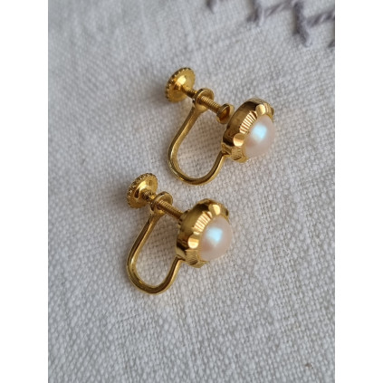 Nydelig par gull double øredobber med imiterte halvperle og skrufeste