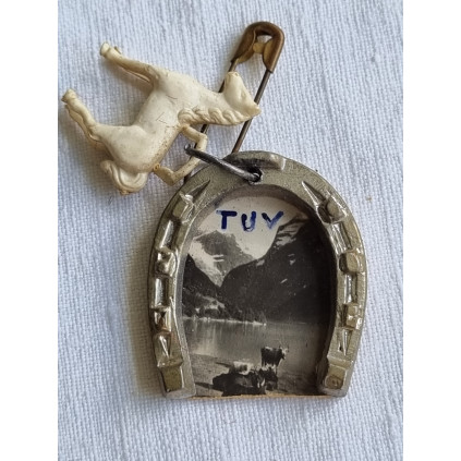 Liten hestesko (og m plasthest) med skrevet TUV på (Norge bak)