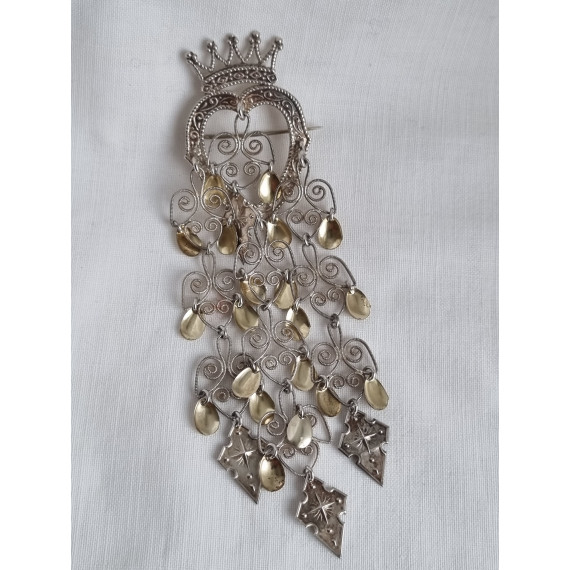 Nydelig, stor, antikk, forgylt hjertesølje, kronesølje, fra Ludvig Theodor Felumb L 12,6 cm